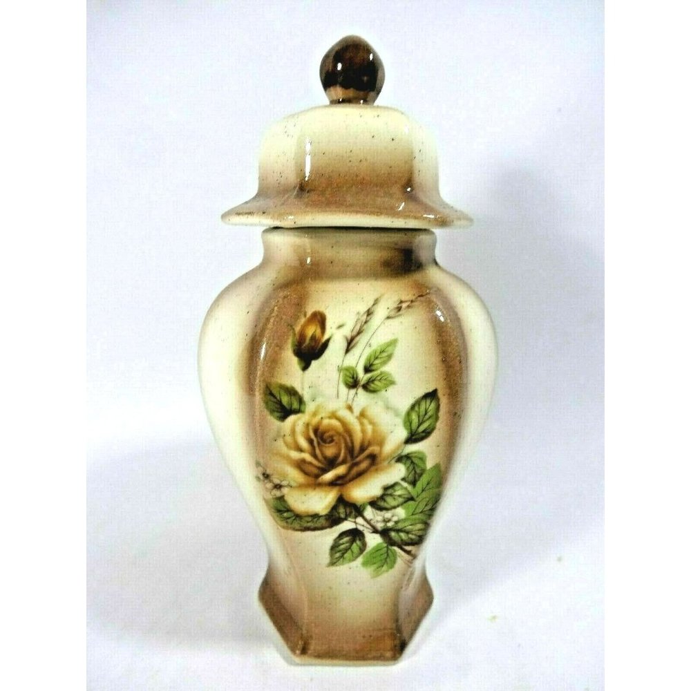 Mount St. Helens Ash Glazed Floral Jar Lid Brown Tan Green Vintage Collectible